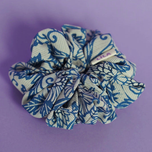 Scrunchie kimono japonais moelleux recyclé XL - Bleu Delft