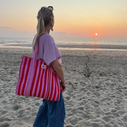 Pre-order - Tote bag - Rood - Roze - Strepen - inclusief toilettas -Rits