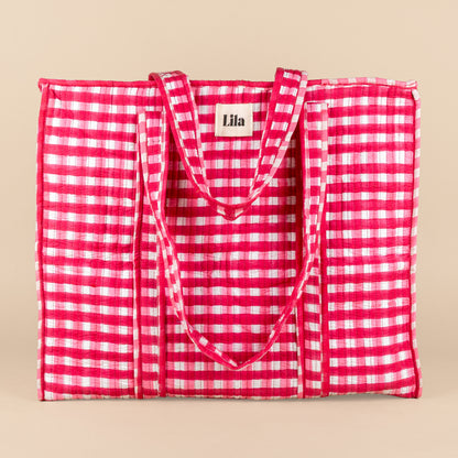 Sac fourre-tout - Vichy - avec trousse de toilette - Rose - Fermeture éclair - No.19